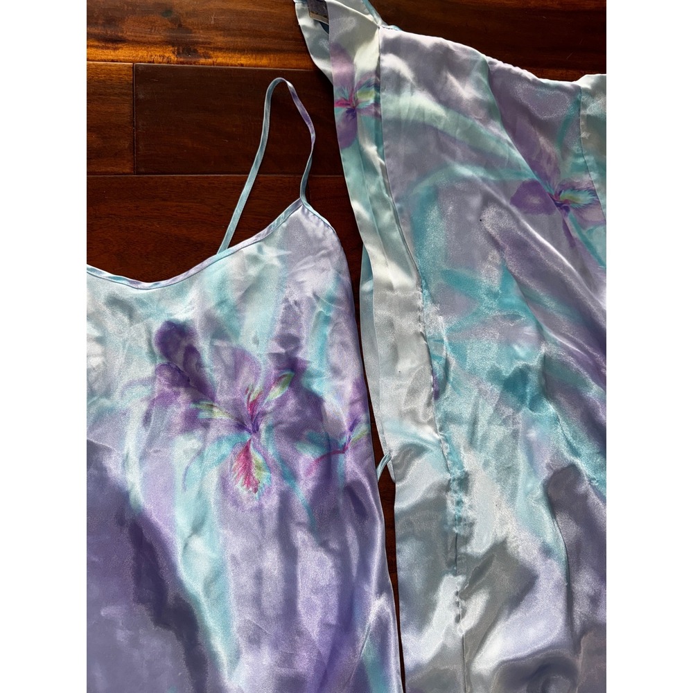 California Dynasty Nightgown Robe Set Womens Large Purple Blue Floral Satin VTG - Picture 4 of 9